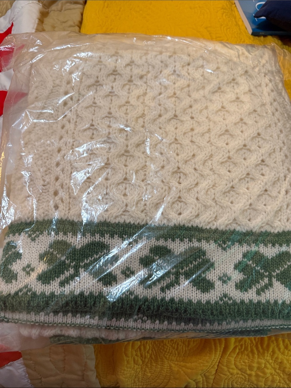 Cream Cable Knit Blanket with Green Fair Isle Border